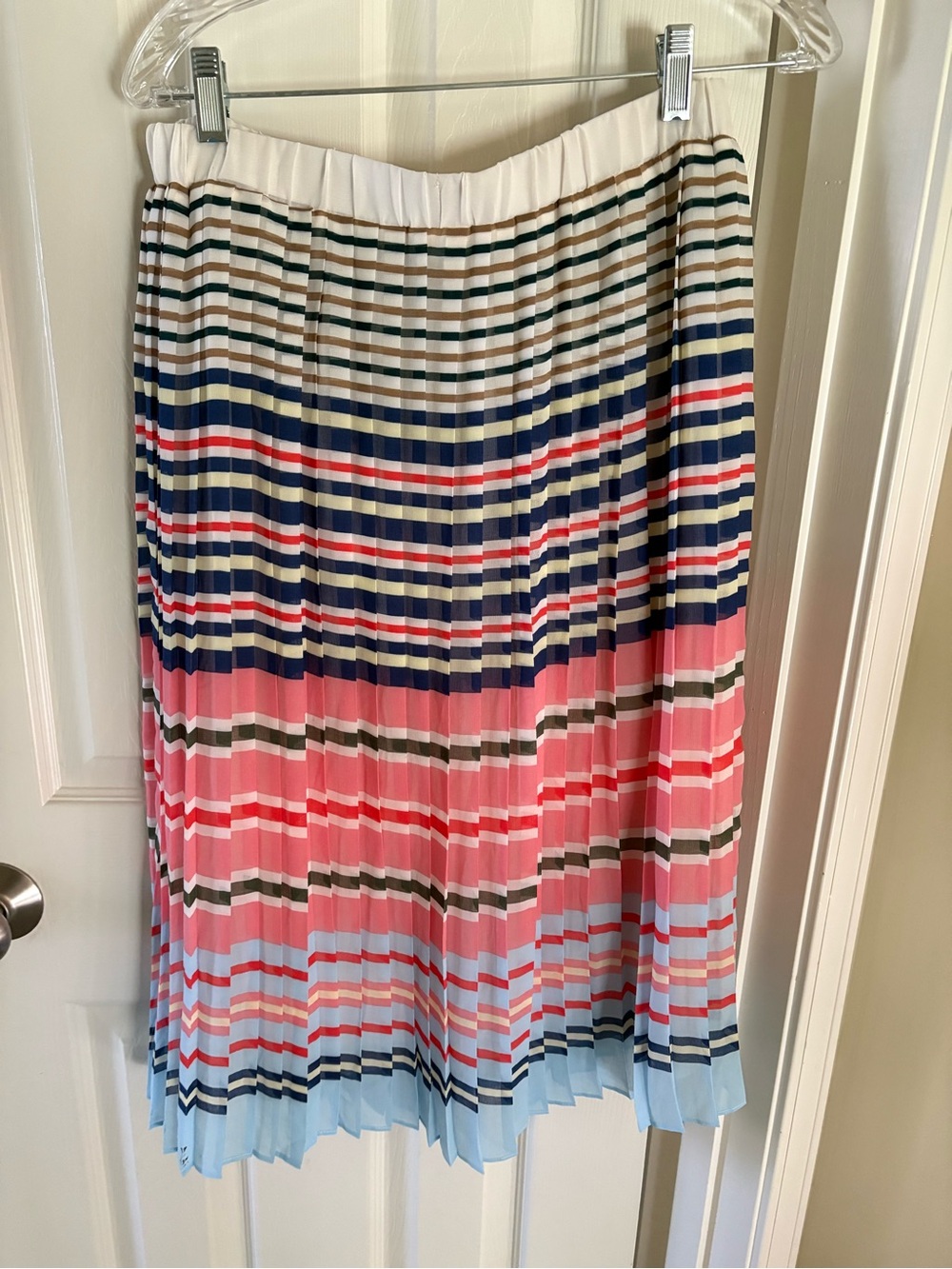 Banana Republic Pleated Striped Midi Skirt in Pink, Blue & White